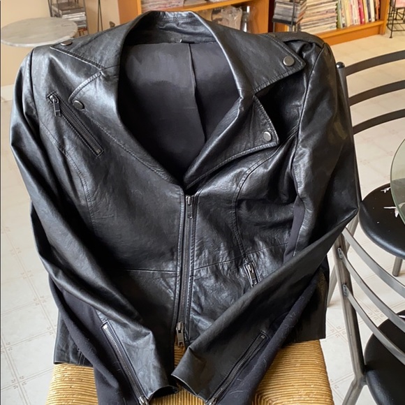 DKNY black leather jacket with nylon side panels. - Picture 2 of 13